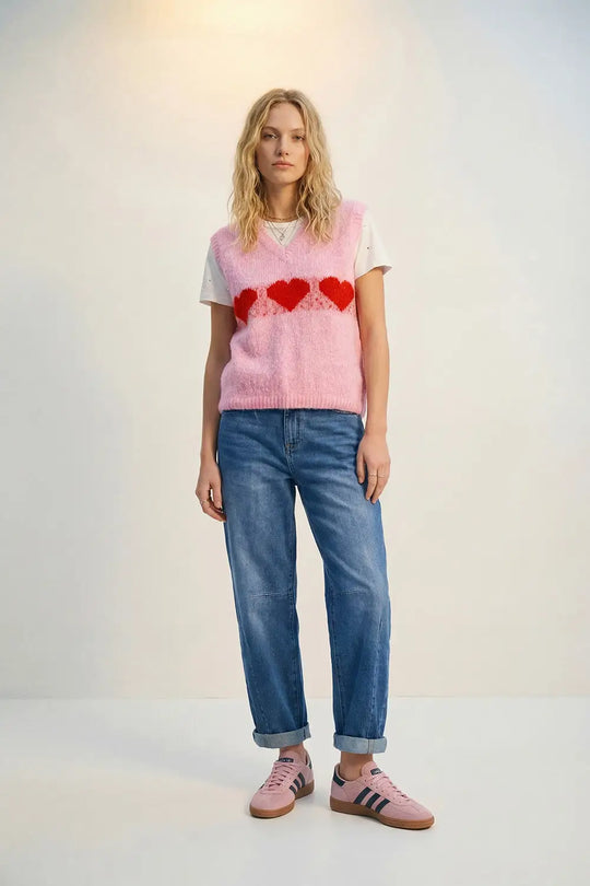 Relaxed-Fit Fluffy pink Knit Vest with Heart Motif - Sweaters
