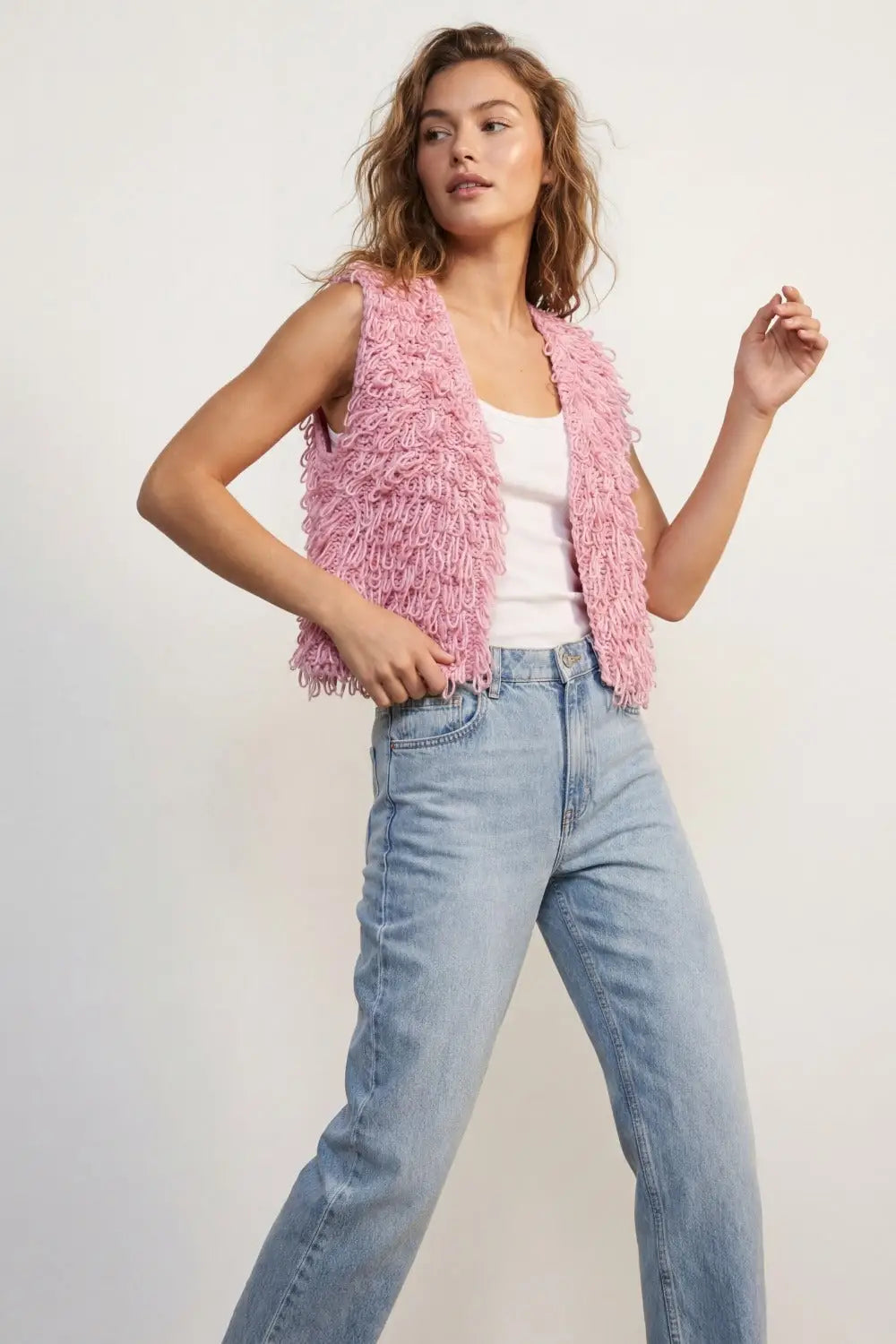 Loop Knit Vest with Textured Fringe Effectm in pink - PINK / ONE - Sweaters
