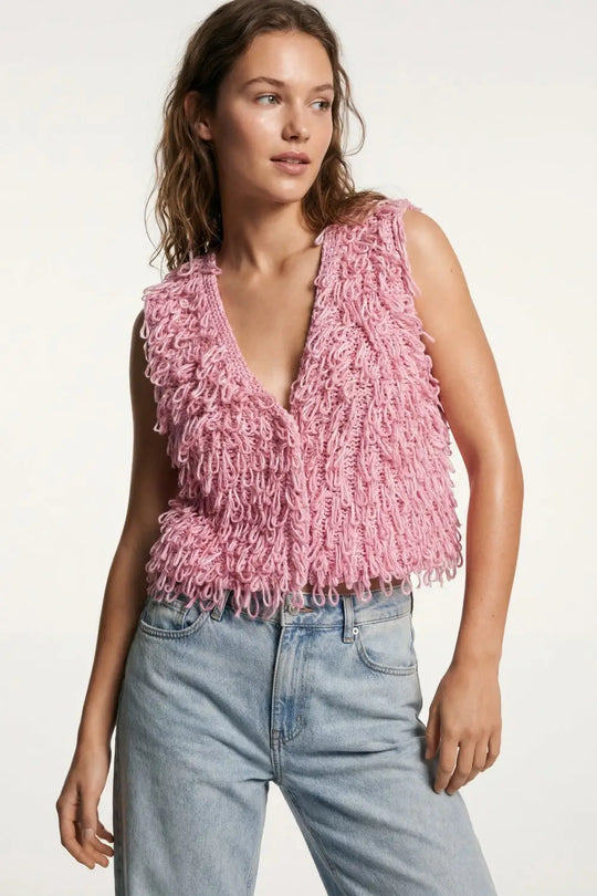 Loop Knit Vest with Textured Fringe Effectm in pink - PINK / ONE - Sweaters