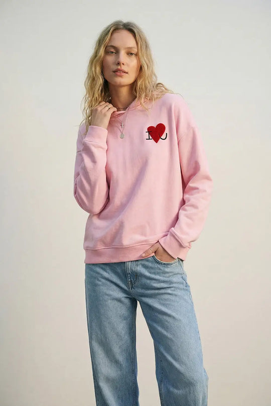 Baby pink Super-Soft Hoodie with Bouclé Heart Graphic - PINK / ONE - Sweaters