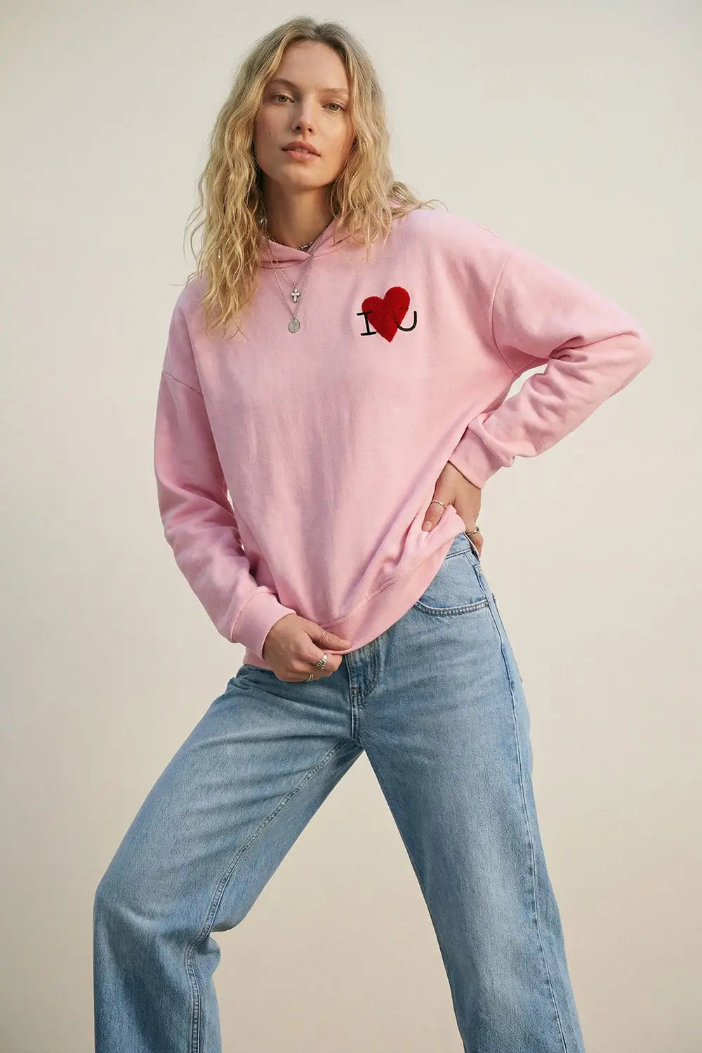 Baby pink Super-Soft Hoodie with Bouclé Heart Graphic - PINK / ONE - Sweaters
