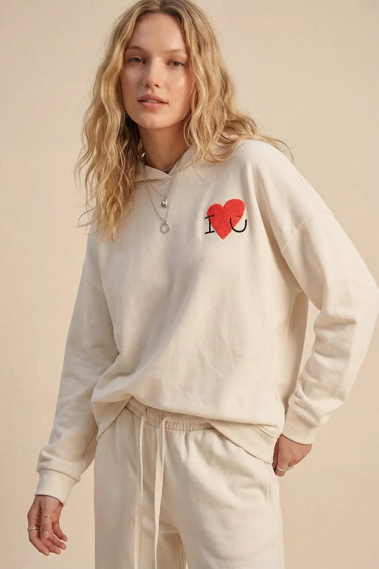 Cream Super-Soft Hoodie with Bouclé Heart Graphic - CREAM / ONE - Sweaters