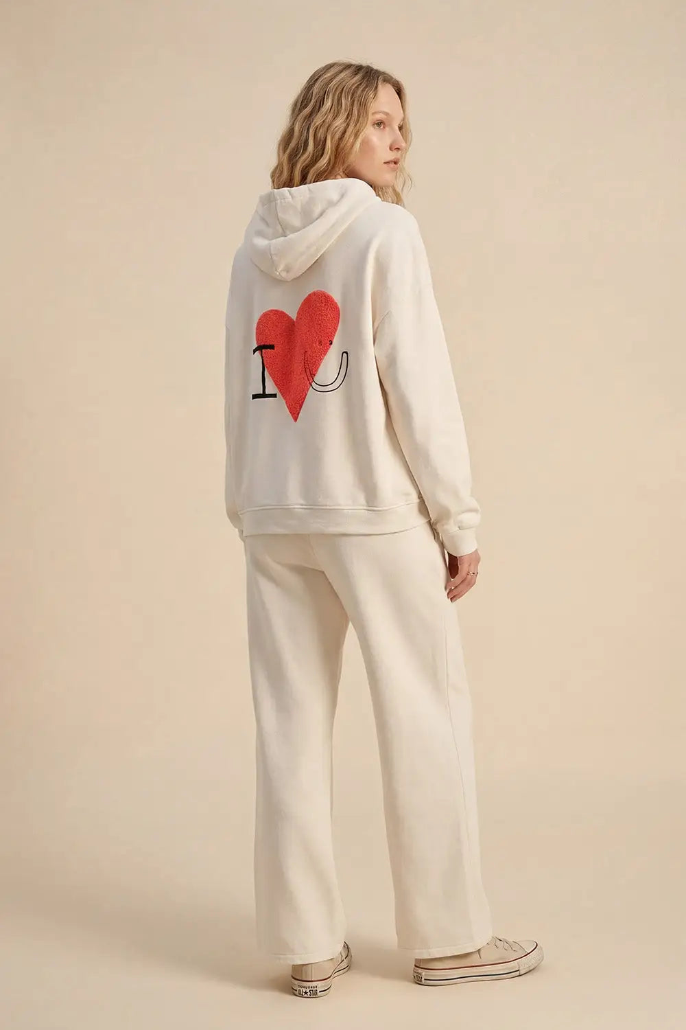 Cream Super-Soft Hoodie with Bouclé Heart Graphic - CREAM / ONE - Sweaters