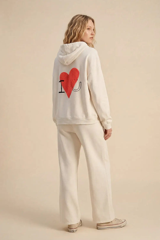 Cream Super-Soft Hoodie with Bouclé Heart Graphic - CREAM / ONE - Sweaters