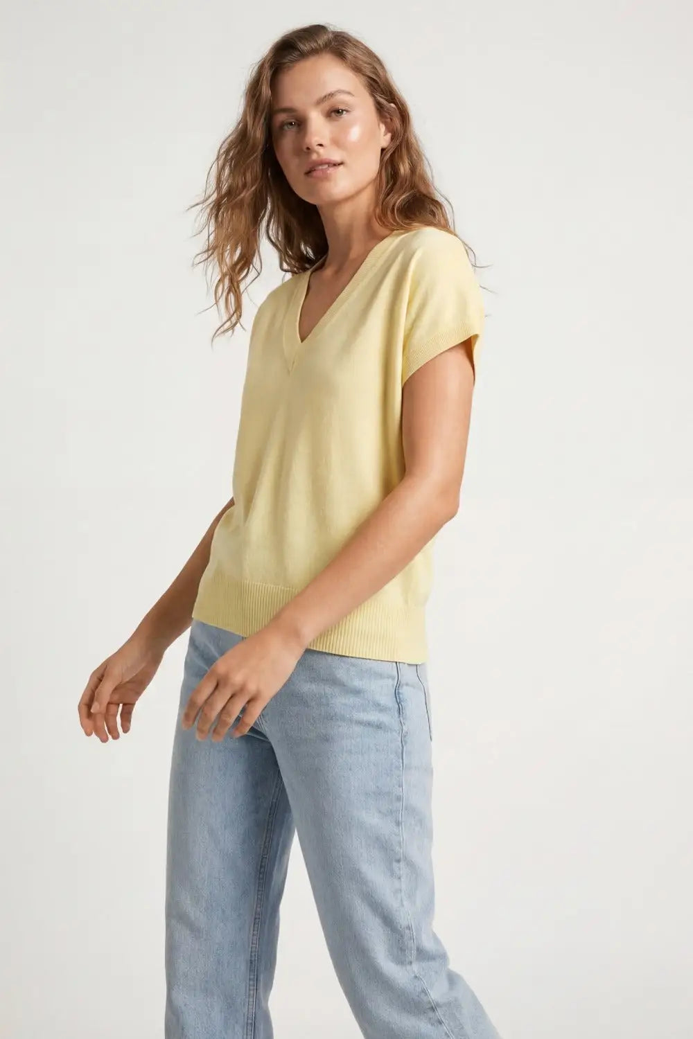 Fine Lightweight Knit Sweater with Wide V-Neck in Yellow - YELLOW / ONE - Sweaters