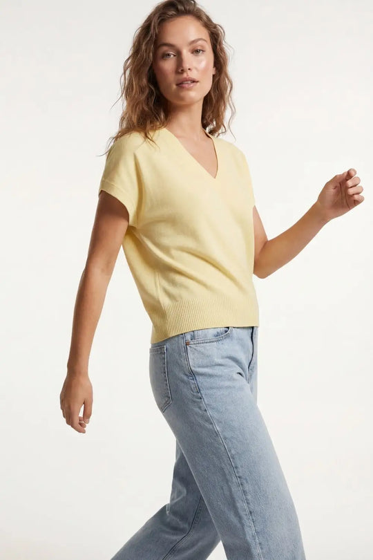 Fine Lightweight Knit Sweater with Wide V-Neck in Yellow - YELLOW / ONE - Sweaters