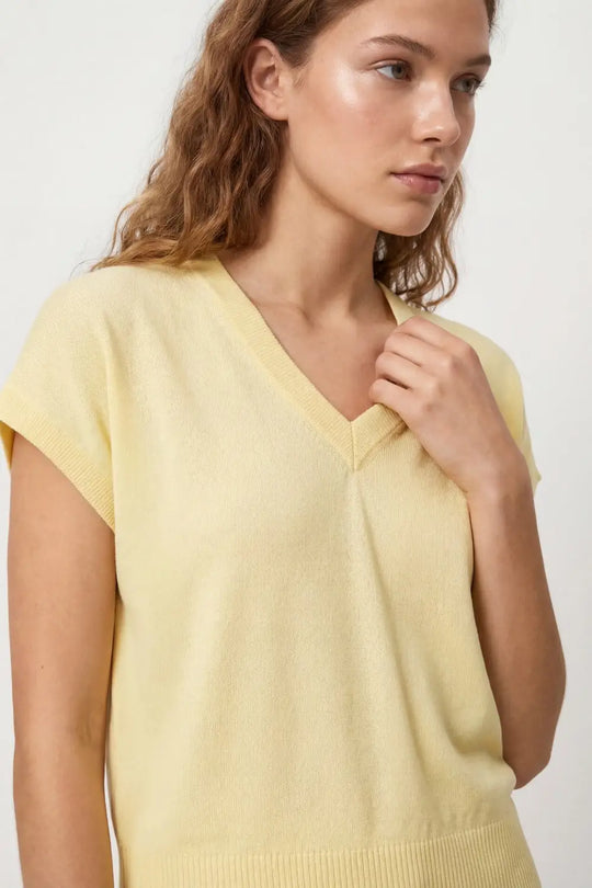 Fine Lightweight Knit Sweater with Wide V-Neck in Yellow - YELLOW / ONE - Sweaters
