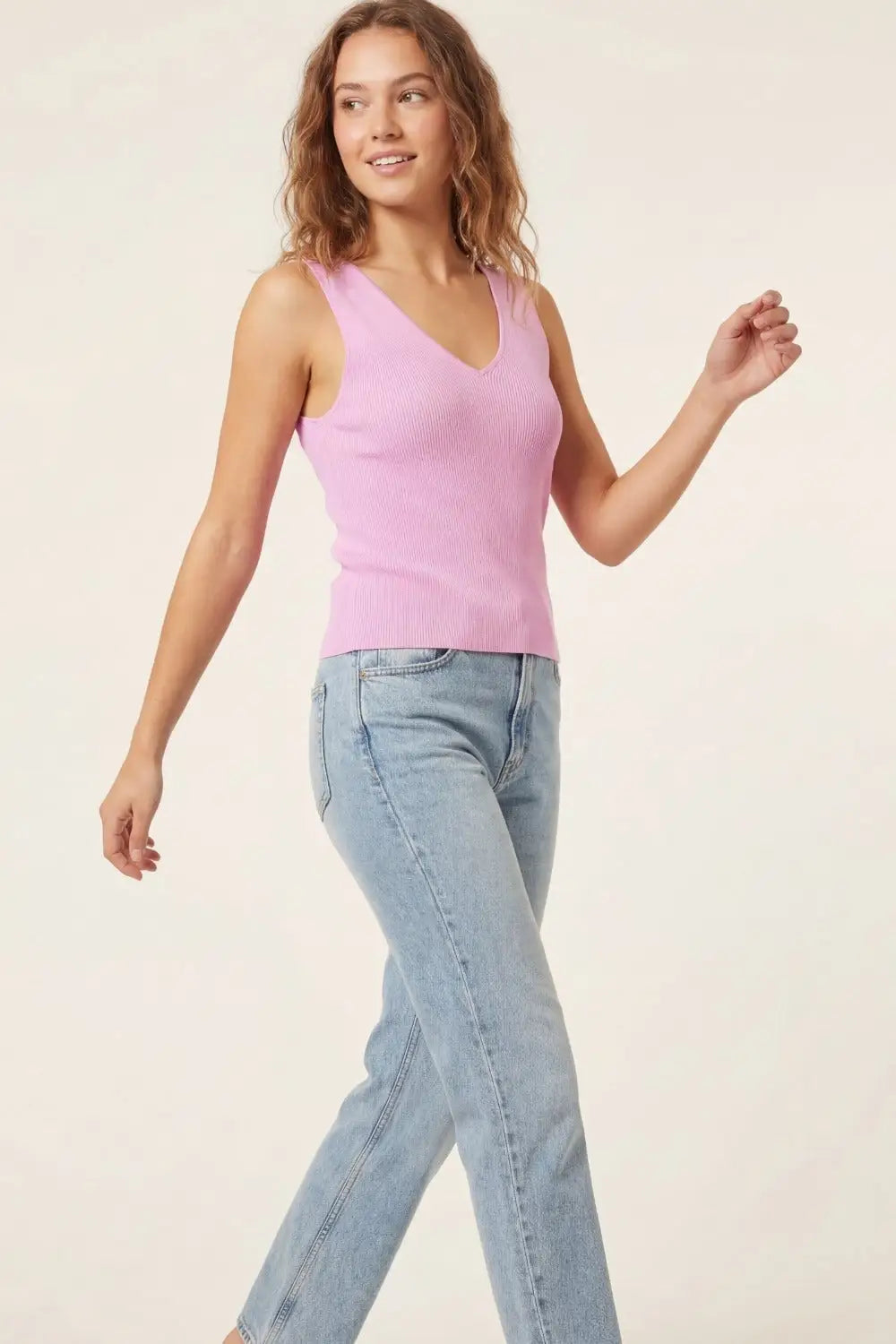 pink sleeveless fine knitted top With V-Neck - FUCHSIA / ONE - Sweaters