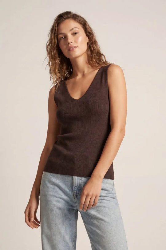 Brown V-Neck Ribbed Knit Tank Top - BROWN / ONE - Tops