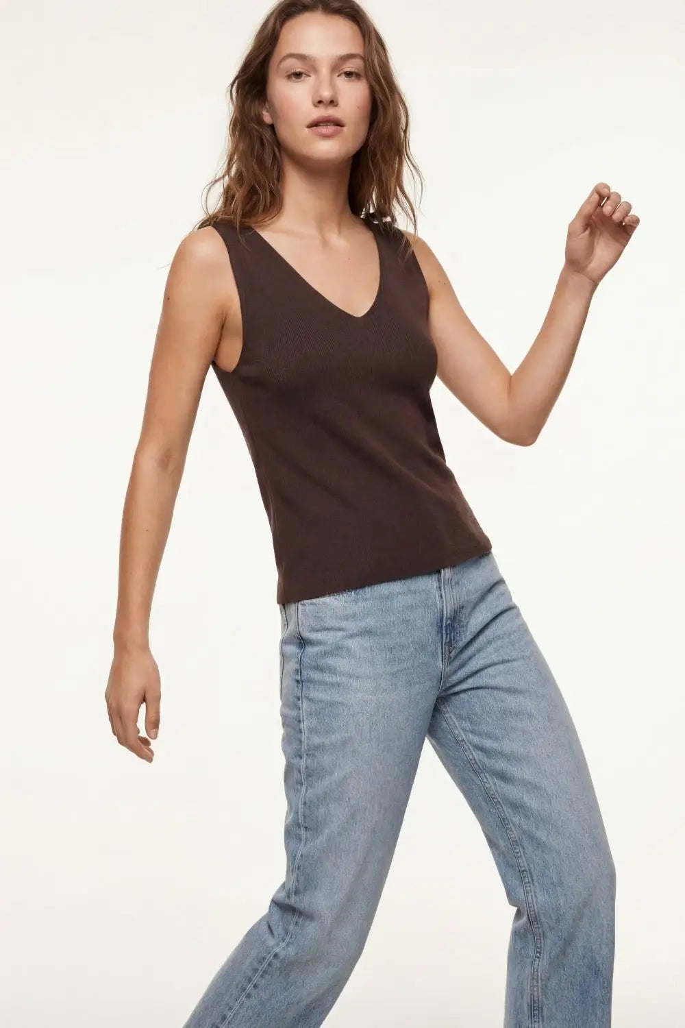 Brown V-Neck Ribbed Knit Tank Top - BROWN / ONE - Tops