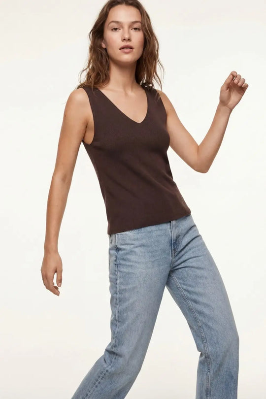 Brown V-Neck Ribbed Knit Tank Top - BROWN / ONE - Tops