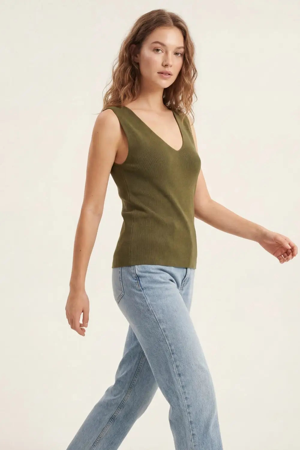 khaki sleeveless fine knitted top With V-Neck - KHAKI / ONE - Sweaters