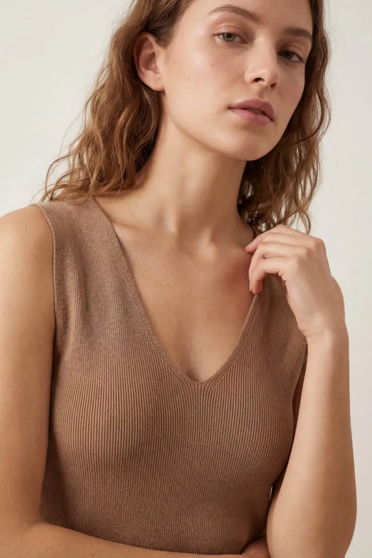 Camel sleeveless fine knitted top With V-Neck - CAMEL / ONE - Sweaters