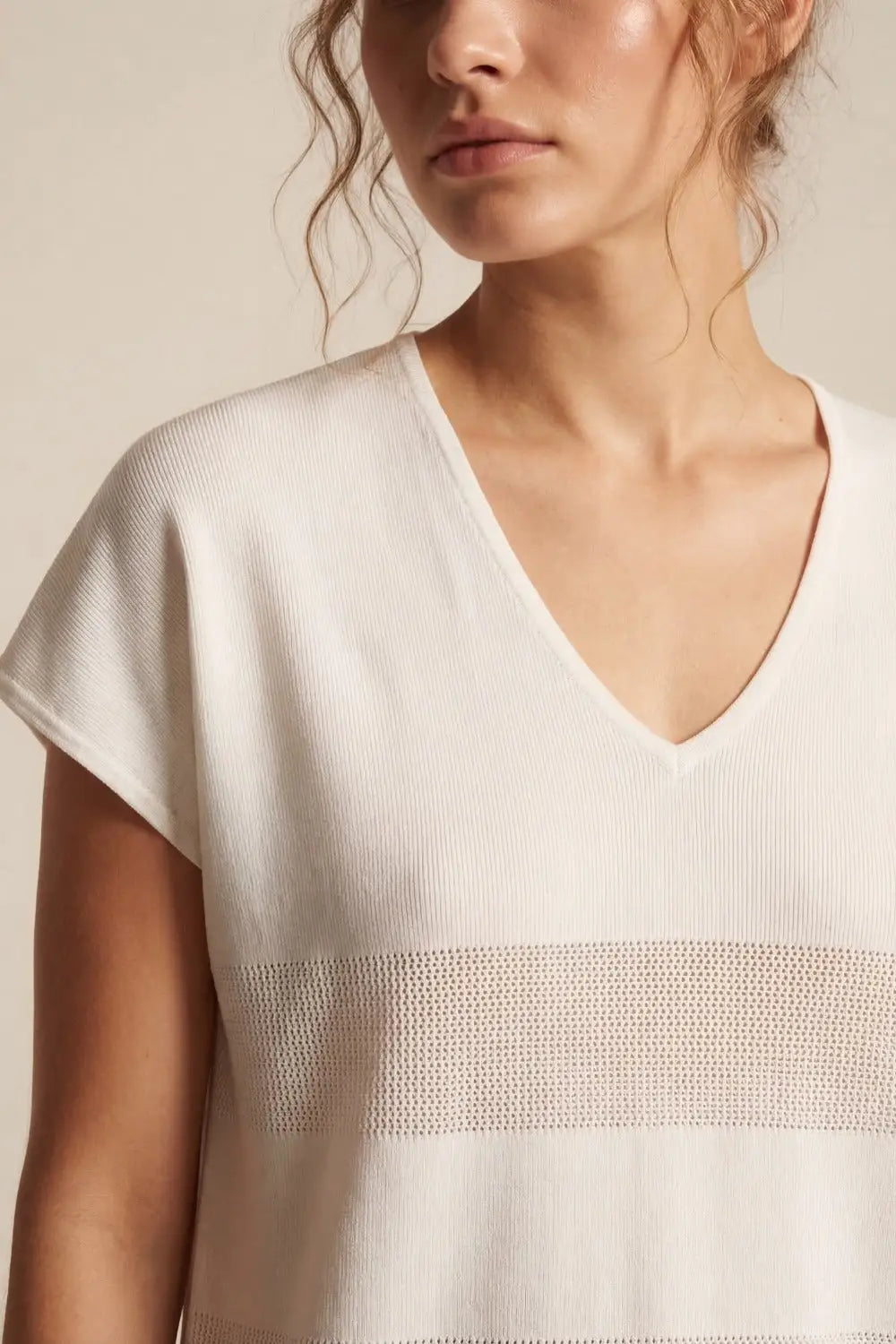 White V-neck knit sweater with open stitch detail - WHITE / ONE - Sweaters