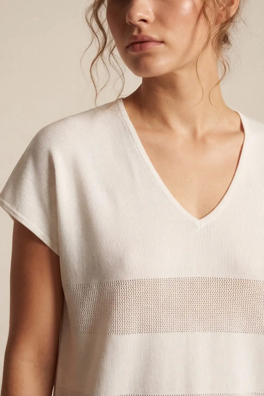 White V-neck knit sweater with open stitch detail - WHITE / ONE - Sweaters