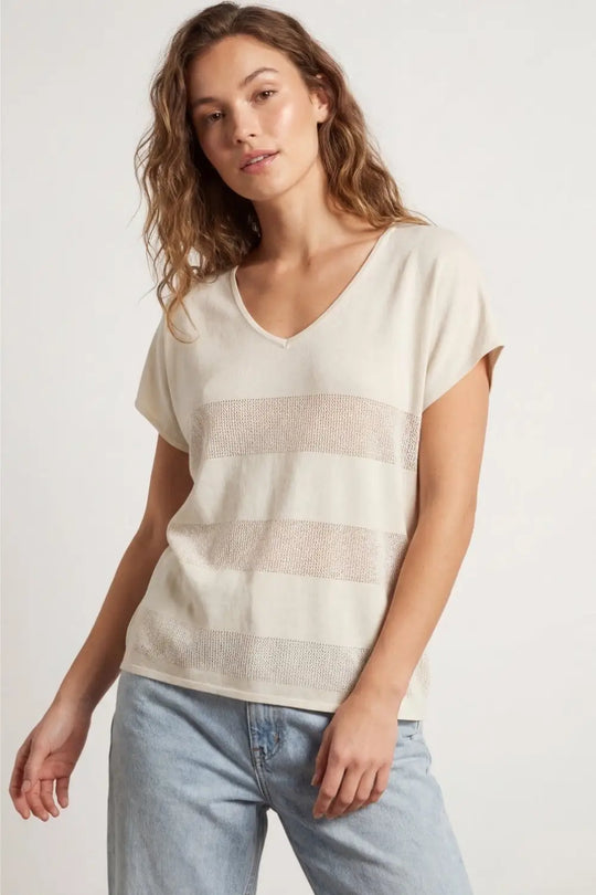 Beige V-neck knit sweater with open stitch detail - BEIGE / ONE - Sweaters