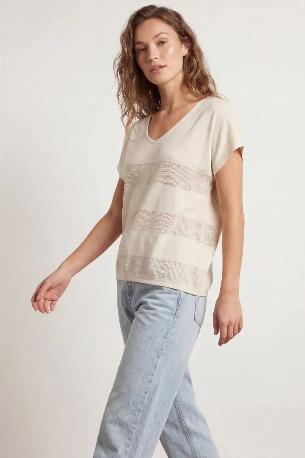 Beige V-neck knit sweater with open stitch detail - BEIGE / ONE - Sweaters