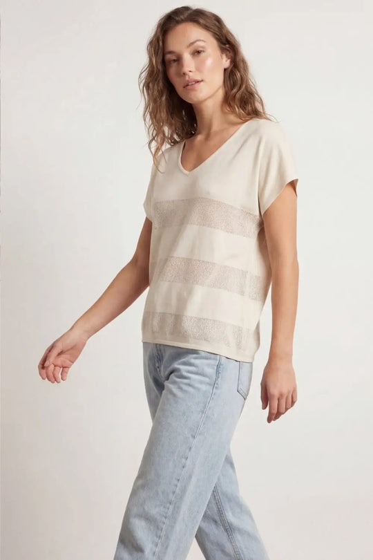 Beige V-neck knit sweater with open stitch detail - BEIGE / ONE - Sweaters