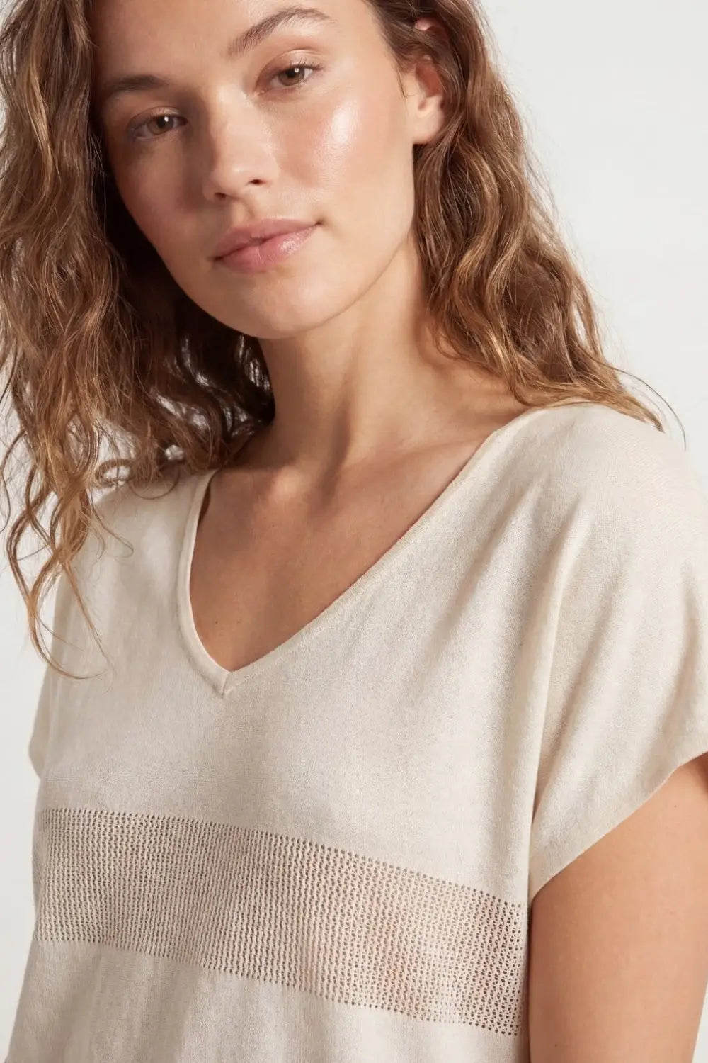 Beige V-neck knit sweater with open stitch detail - BEIGE / ONE - Sweaters