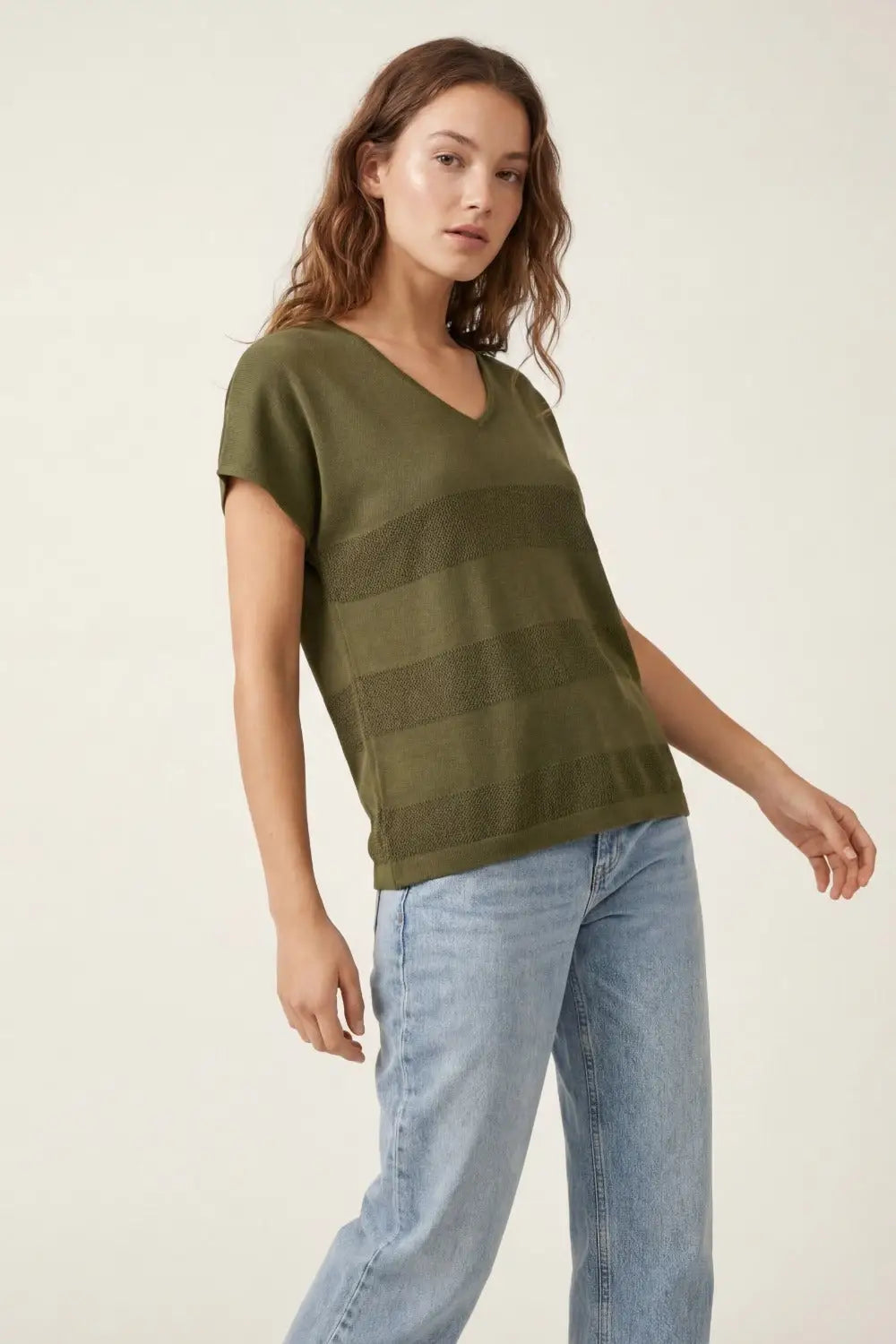 Khaki V-neck knit sweater with open stitch detail - KHAKI / ONE - Sweaters