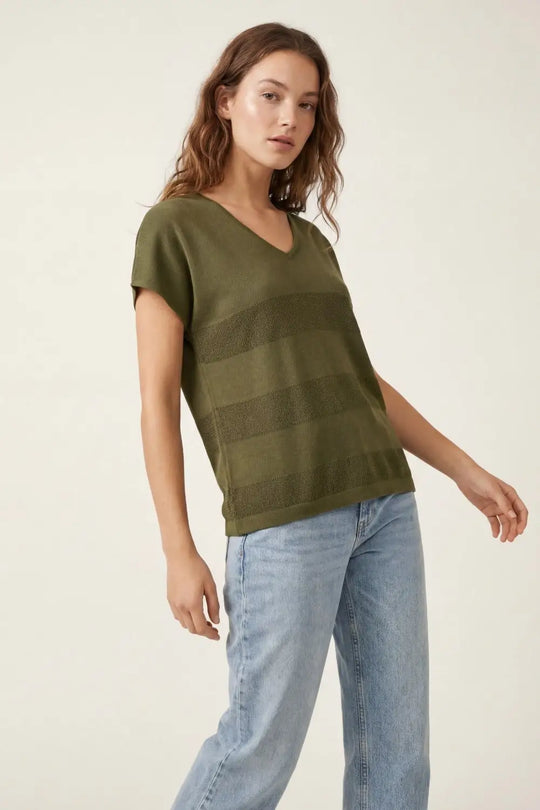 Khaki V-neck knit sweater with open stitch detail - KHAKI / ONE - Sweaters
