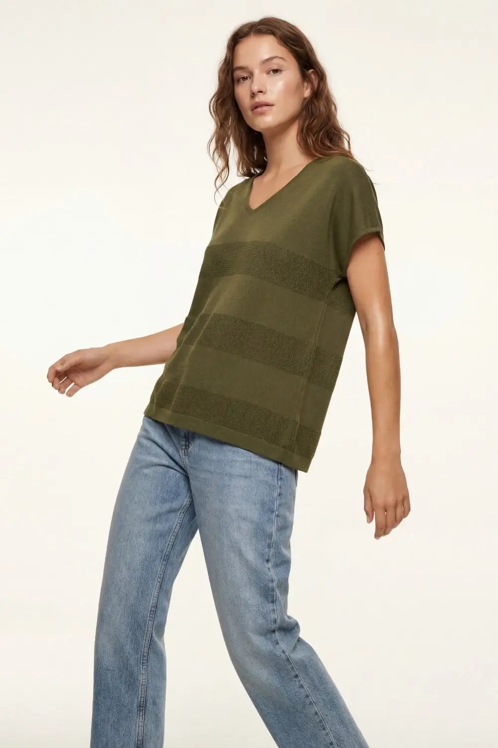 Khaki V-neck knit sweater with open stitch detail - KHAKI / ONE - Sweaters