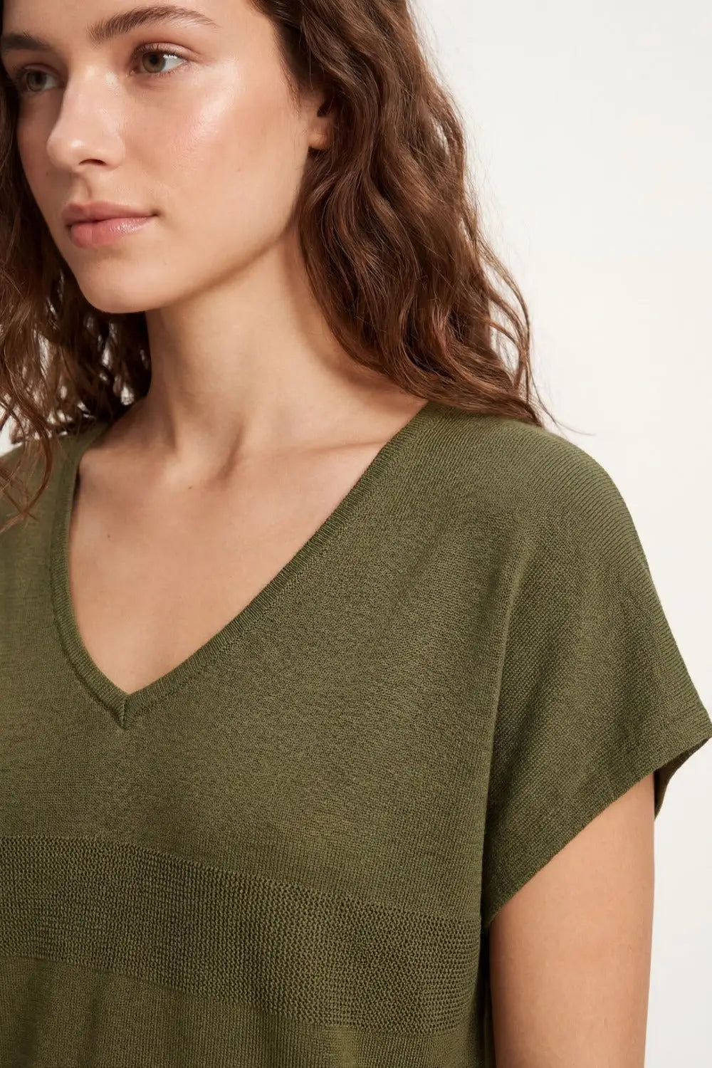 Khaki V-neck knit sweater with open stitch detail - KHAKI / ONE - Sweaters