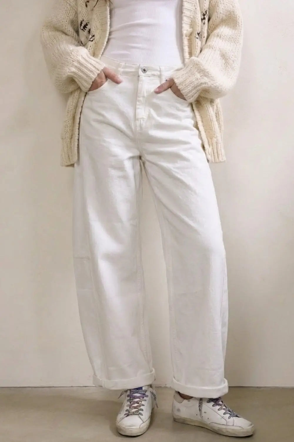 White Relaxed Fit Casual Wide-Leg Pants in Barrel Style - Colored Jeans