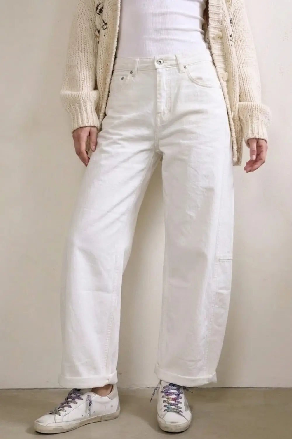 White Relaxed Fit Casual Wide-Leg Pants in Barrel Style - Colored Jeans
