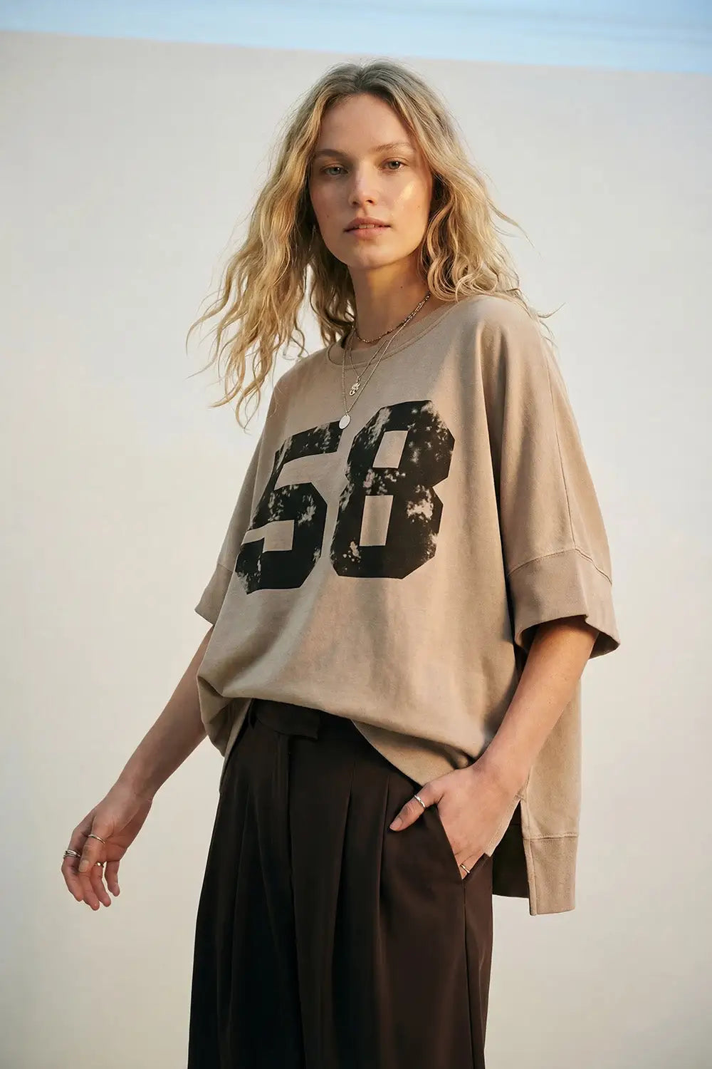 Oversized Cotton sweatshirt with 58 Graphic logo and Side Slits - CAMEL / ONE - Sweaters