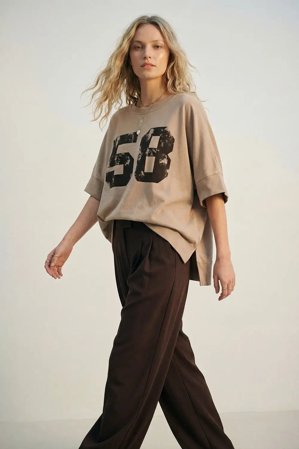 Oversized Cotton sweatshirt with 58 Graphic logo and Side Slits - CAMEL / ONE - Sweaters