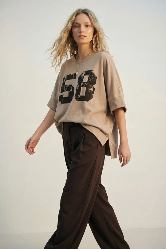 Oversized Cotton sweatshirt with 58 Graphic logo and Side Slits - CAMEL / ONE - Sweaters