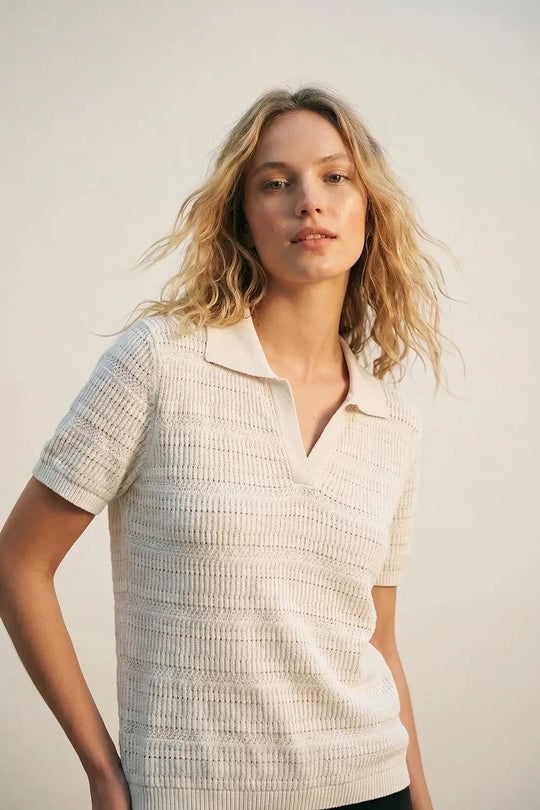 White polo shirt with short sleeves and open knit pattern - Sweaters