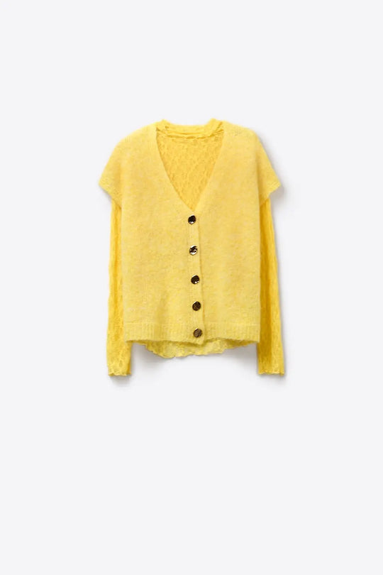 Yellow Sleeveless Cardigan with Lace Insert and Silver Buttons - YELLOW / ONE - Cardigans