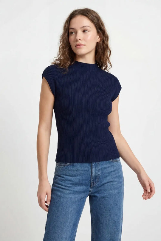 Navy Ribbed Knit Sleeveless sweater with closed neck - NAVY / ONE - Sweaters