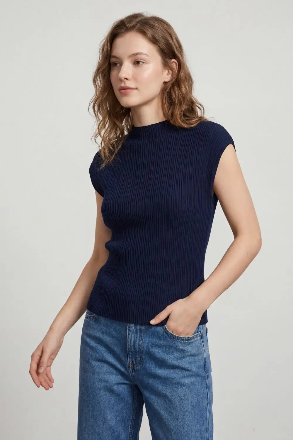 Navy Ribbed Knit Sleeveless sweater with closed neck - NAVY / ONE - Sweaters