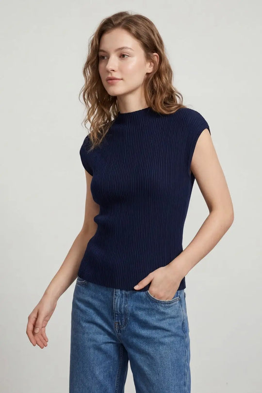 Navy Ribbed Knit Sleeveless sweater with closed neck - NAVY / ONE - Sweaters