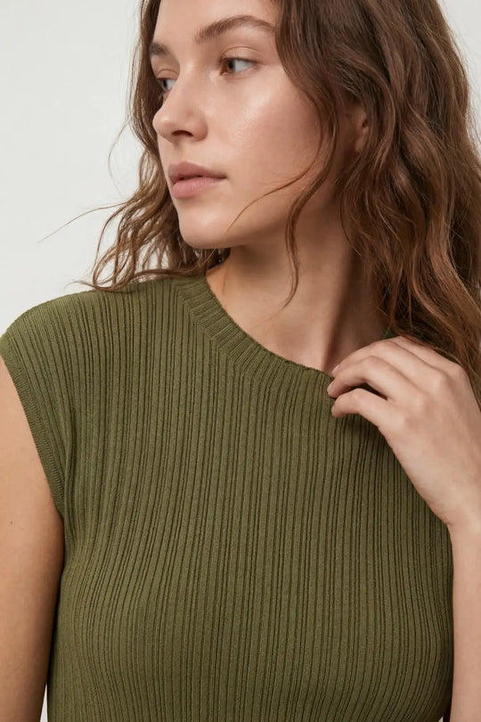 fine Ribbed knit Sleeveless Top in olive green - KHAKI / ONE - Sweaters