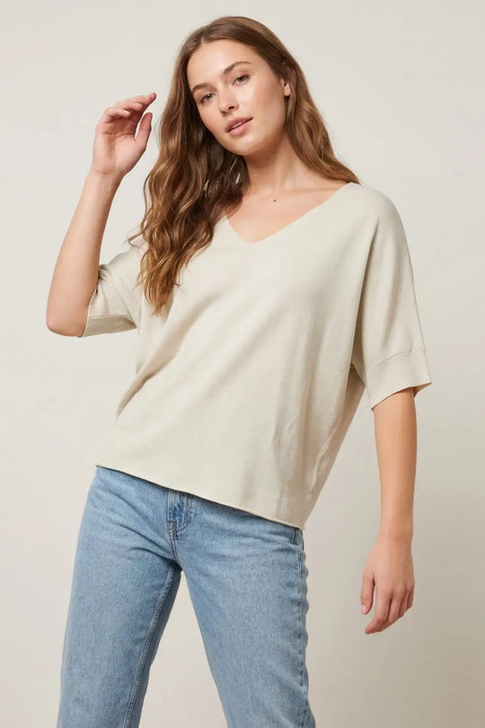 V-Neck Relaxed Fit Short Sleeve sweater in beige - BEIGE / ONE - Sweaters