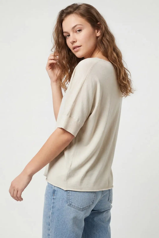 V-Neck Relaxed Fit Short Sleeve sweater in beige - BEIGE / ONE - Sweaters