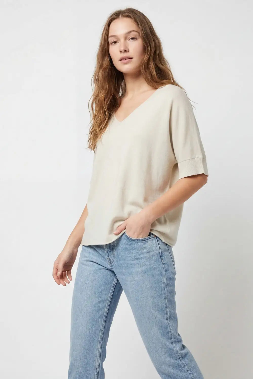 V-Neck Relaxed Fit Short Sleeve sweater in beige - BEIGE / ONE - Sweaters
