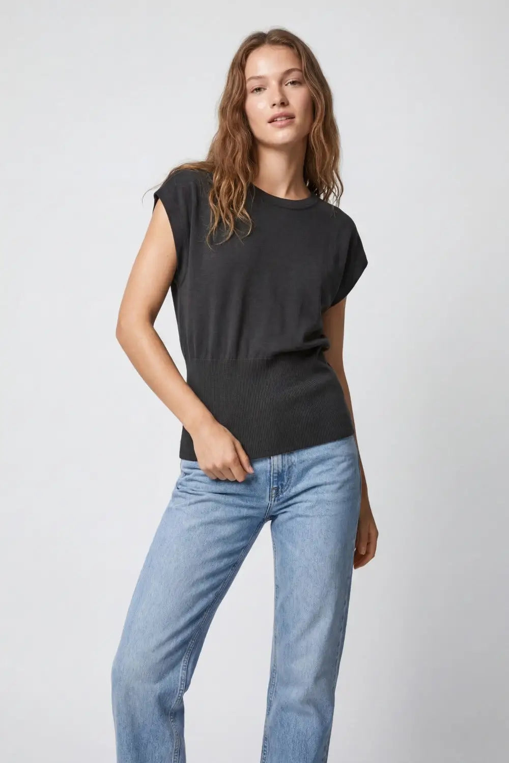 Lightweight Knit sweater with Wide Ribbed Waistband in black - BLACK / ONE - Sweaters