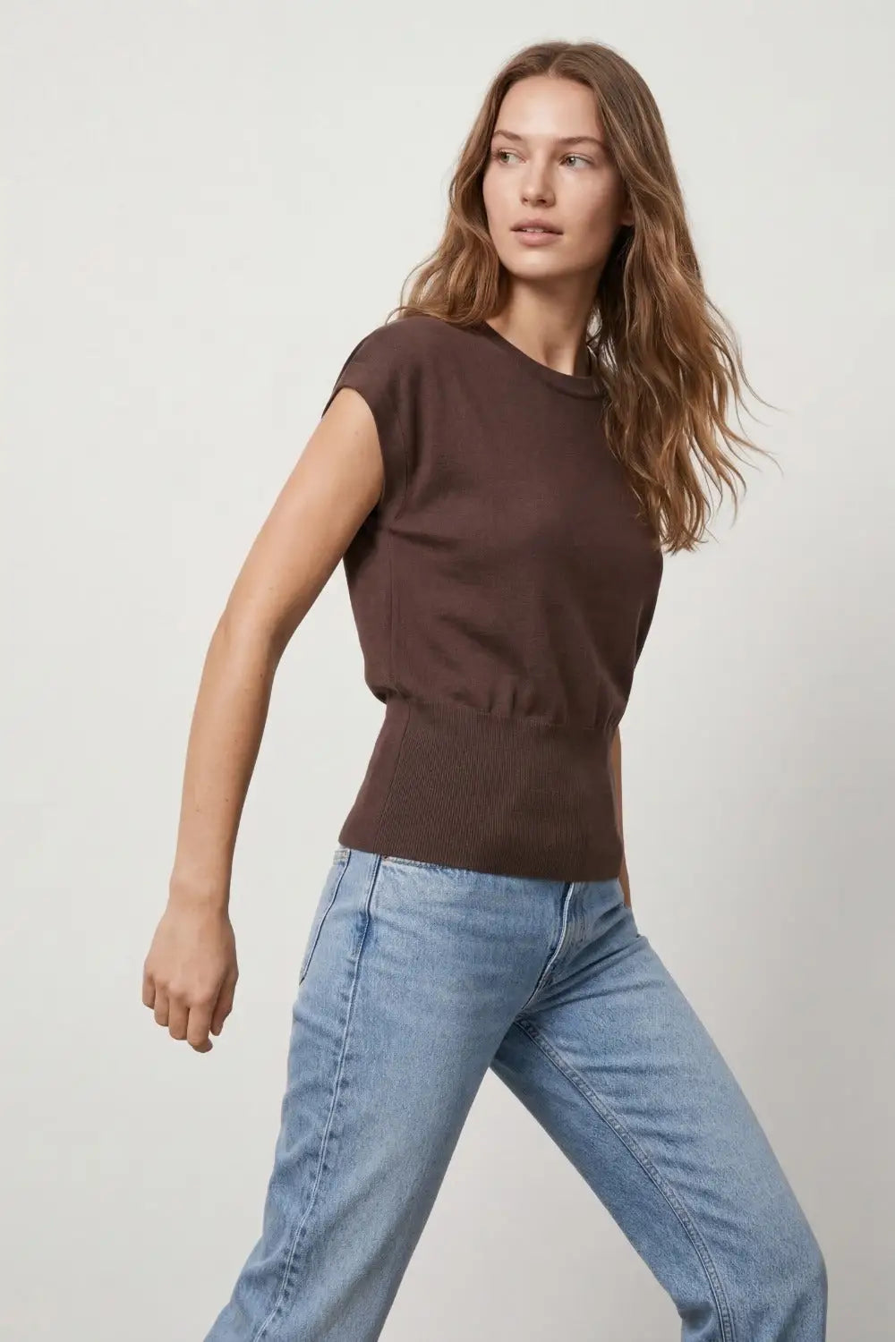 Lightweight Knit sweater with Wide Ribbed Waistband in brown - BROWN / ONE - Sweaters
