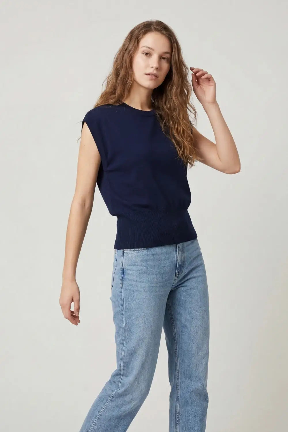 Lightweight Knit sweater with Wide Ribbed Waistband in navy - NAVY / ONE - Sweaters