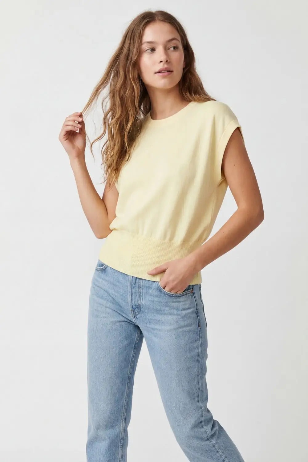 Lightweight Knit sweater with Wide Ribbed Waistband in yellow - YELLOW / ONE - Sweaters