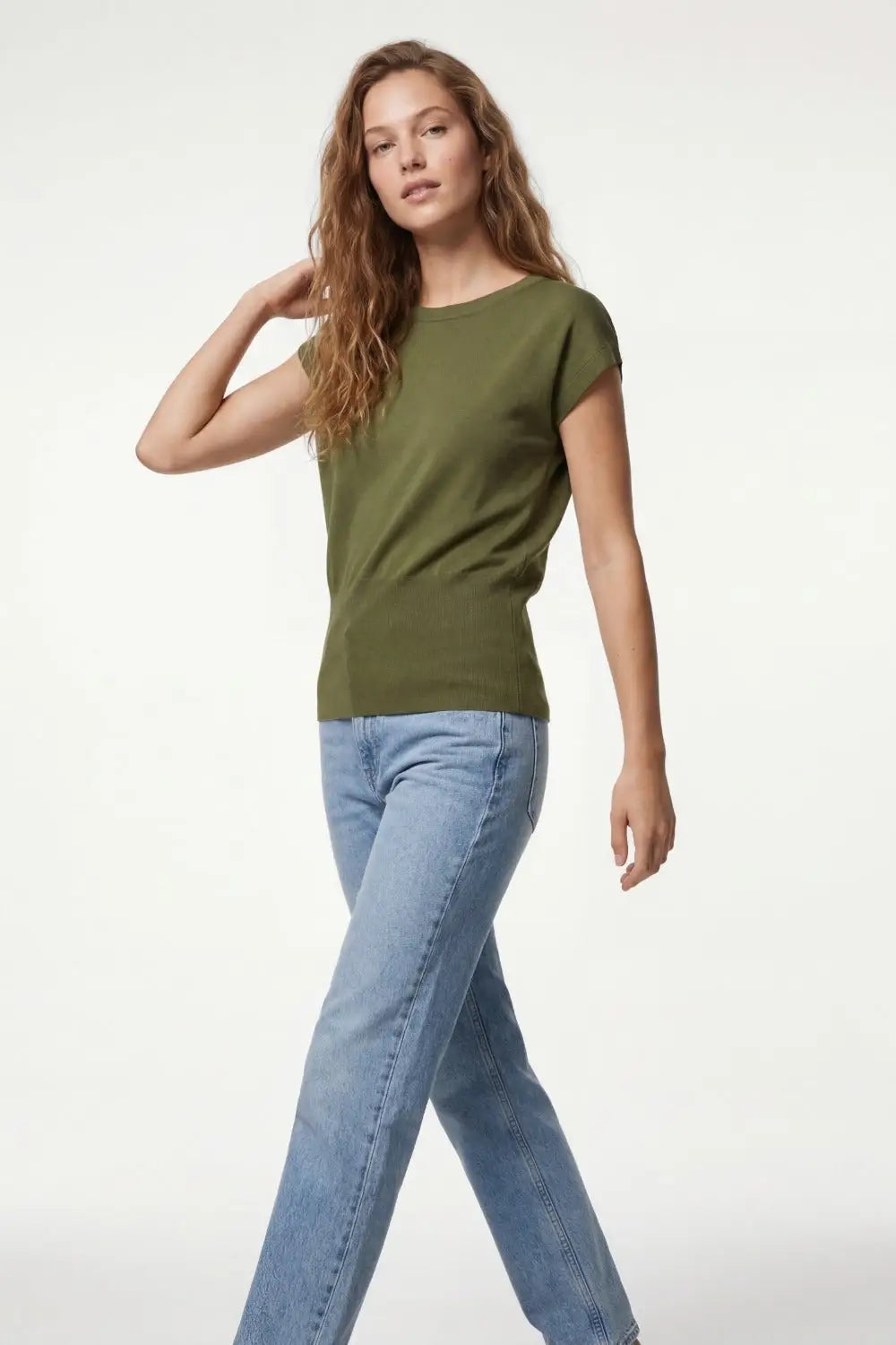 Lightweight Knit sweater with Wide Ribbed Waistband in khaki - KHAKI / ONE - Sweaters