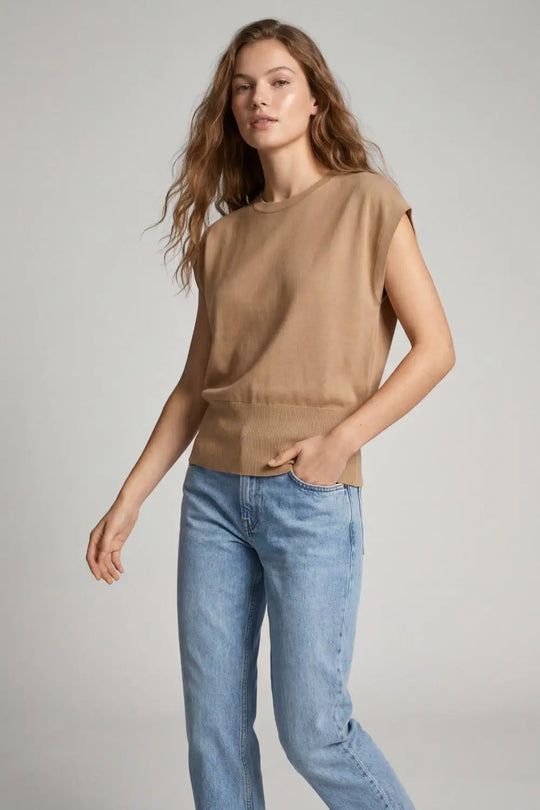 Lightweight Knit sweater with Wide Ribbed Waistband in camel - CAMEL / ONE - Sweaters