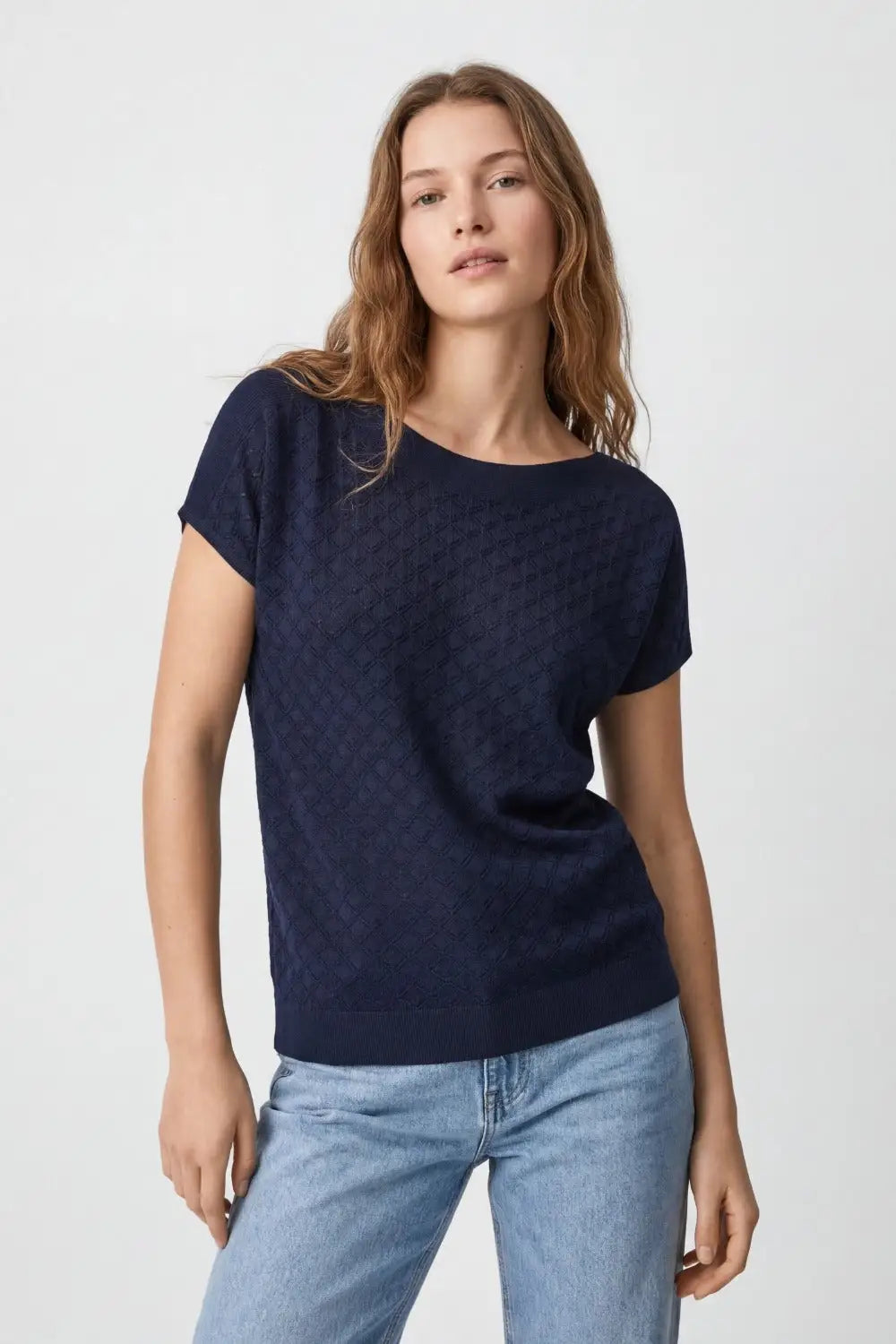Textured pattern Knit Short Sleeve Sweater in navy - NAVY / ONE - Sweaters