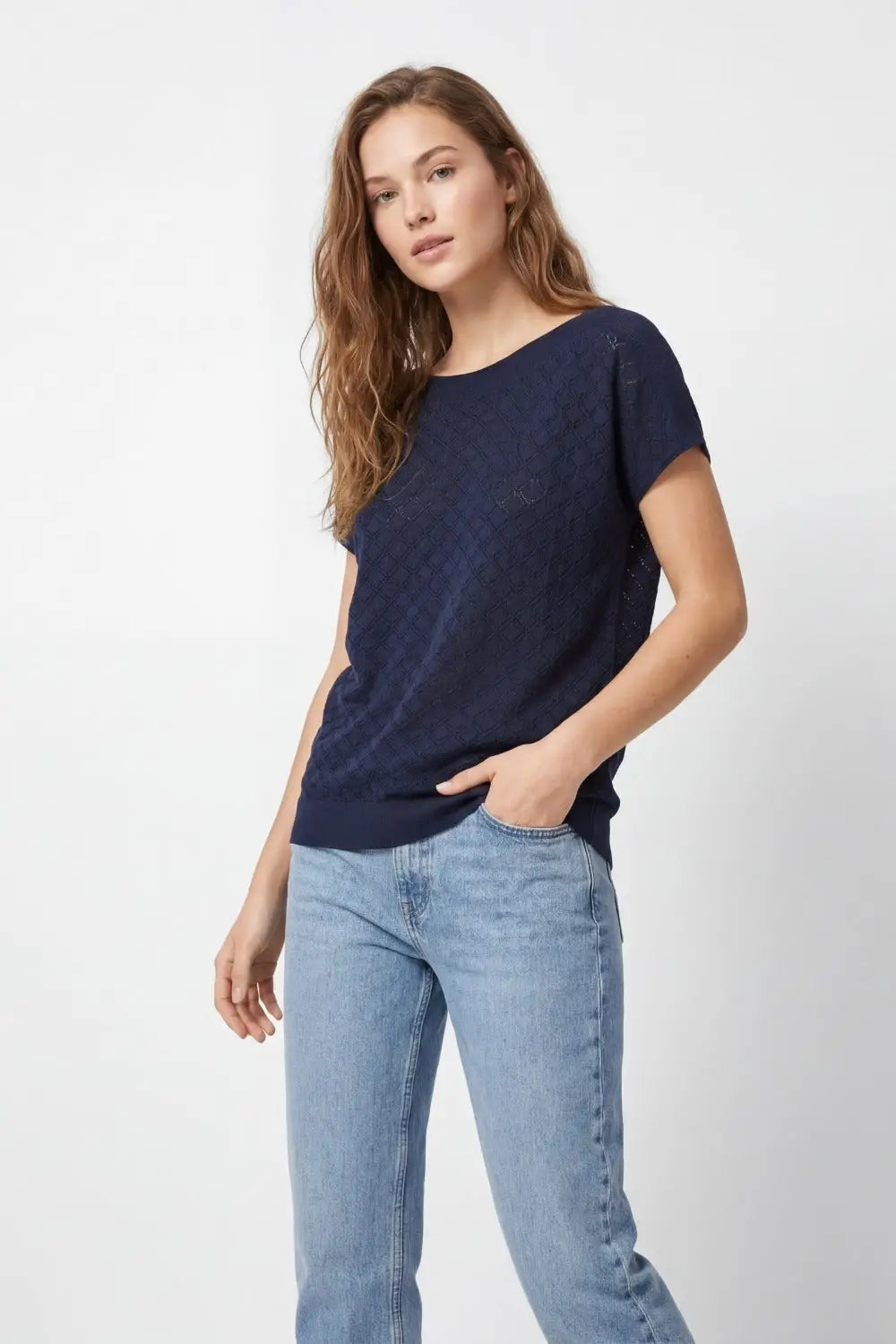 Textured pattern Knit Short Sleeve Sweater in navy - NAVY / ONE - Sweaters