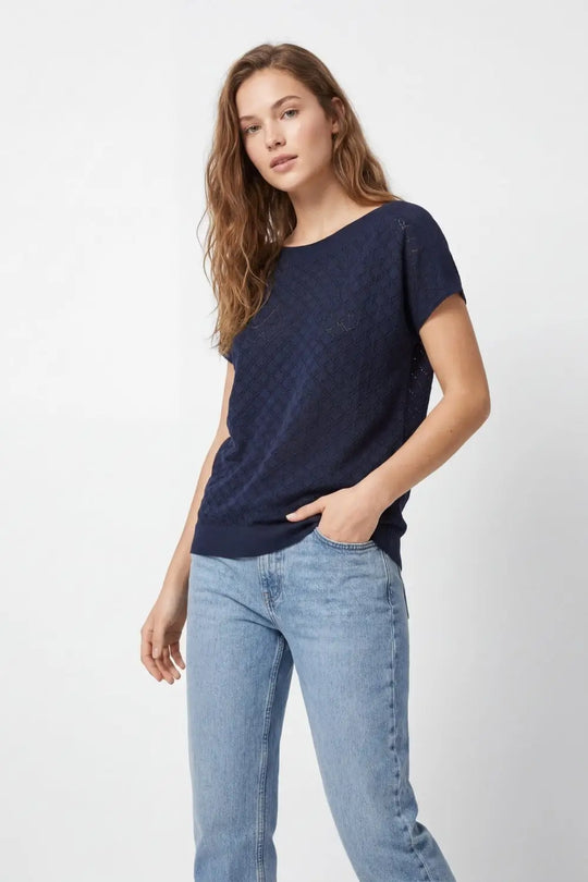 Textured pattern Knit Short Sleeve Sweater in navy - NAVY / ONE - Sweaters